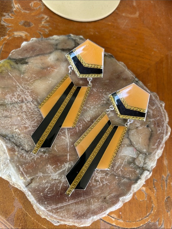 Vintage Jewelry - Vintage Art Deco Style Black & Yellow Clip-on Earrings